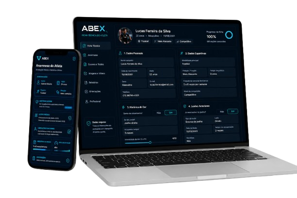 App ValgoLab — celular e computador com ficha do atleta